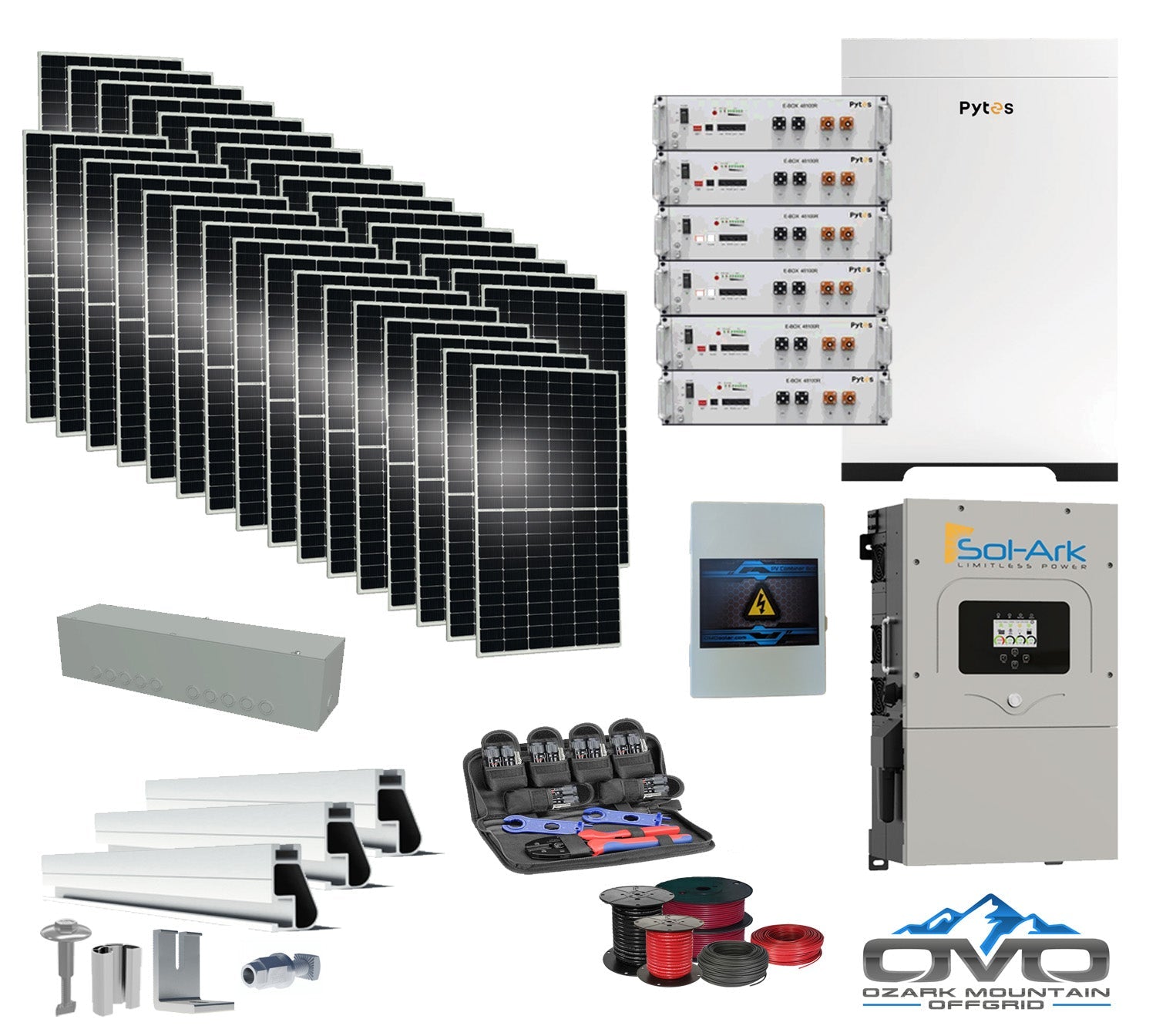 17KW Complete Offgrid Solar Kit - 30.72kWh Pytes Lithium Battery + 15K Sol-Ark Inverter +17.6KW Solar with Mounting Rails and Wiring