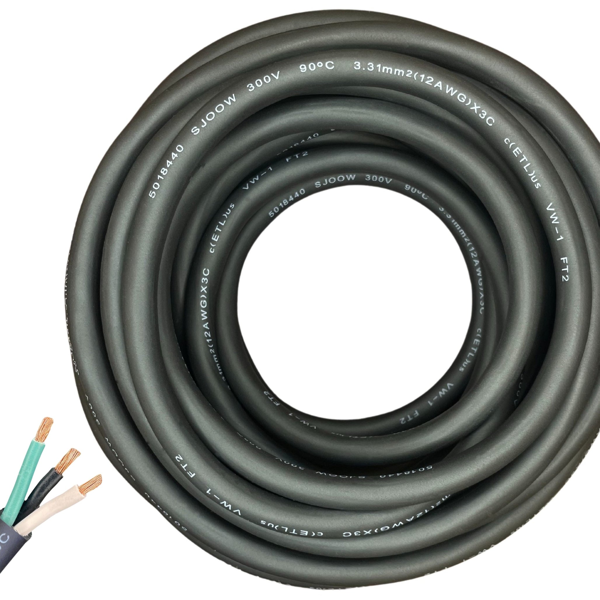 12/3 SJOOW Cable Cord Wire - 12 Gauge 12 AWG 3 Conductor 300V Portable Power Extension Cord Cable with Ultra Flexible Insulation Jacket