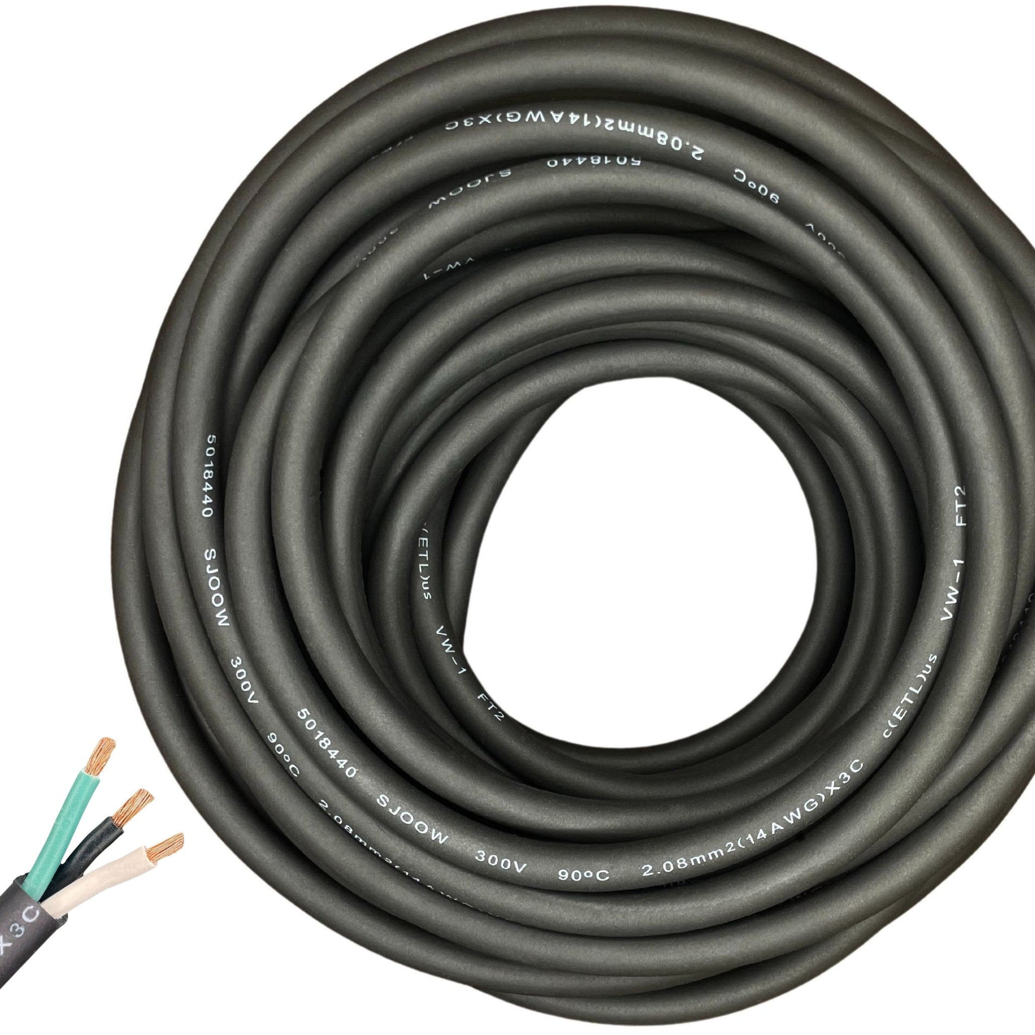 14/3 SJOOW Cable Cord Wire - 14 Gauge 14 AWG 3 Conductor 300V Portable Power Extension Cord Cable with Ultra Flexible Insulation Jacket