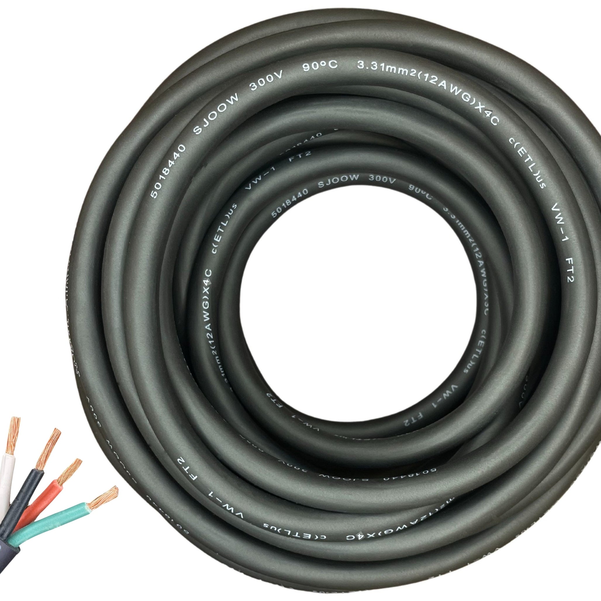 12/4 SJOOW Cable Cord Wire - 12 Gauge 12 AWG 4 Conductor 300V Portable Power Extension Cord Cable with Ultra Flexible Insulation Jacket