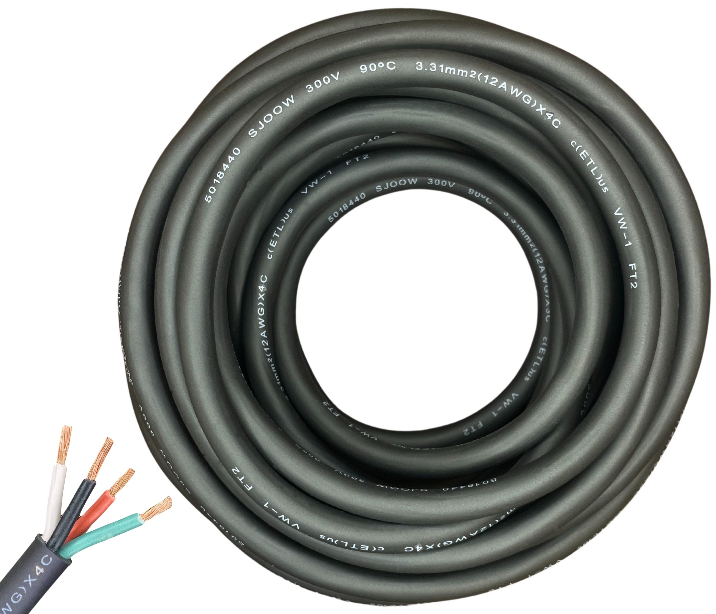 12/4 SJOOW Cable Cord Wire - 12 Gauge 12 AWG 4 Conductor 300V Portable Power Extension Cord Cable with Ultra Flexible Insulation Jacket