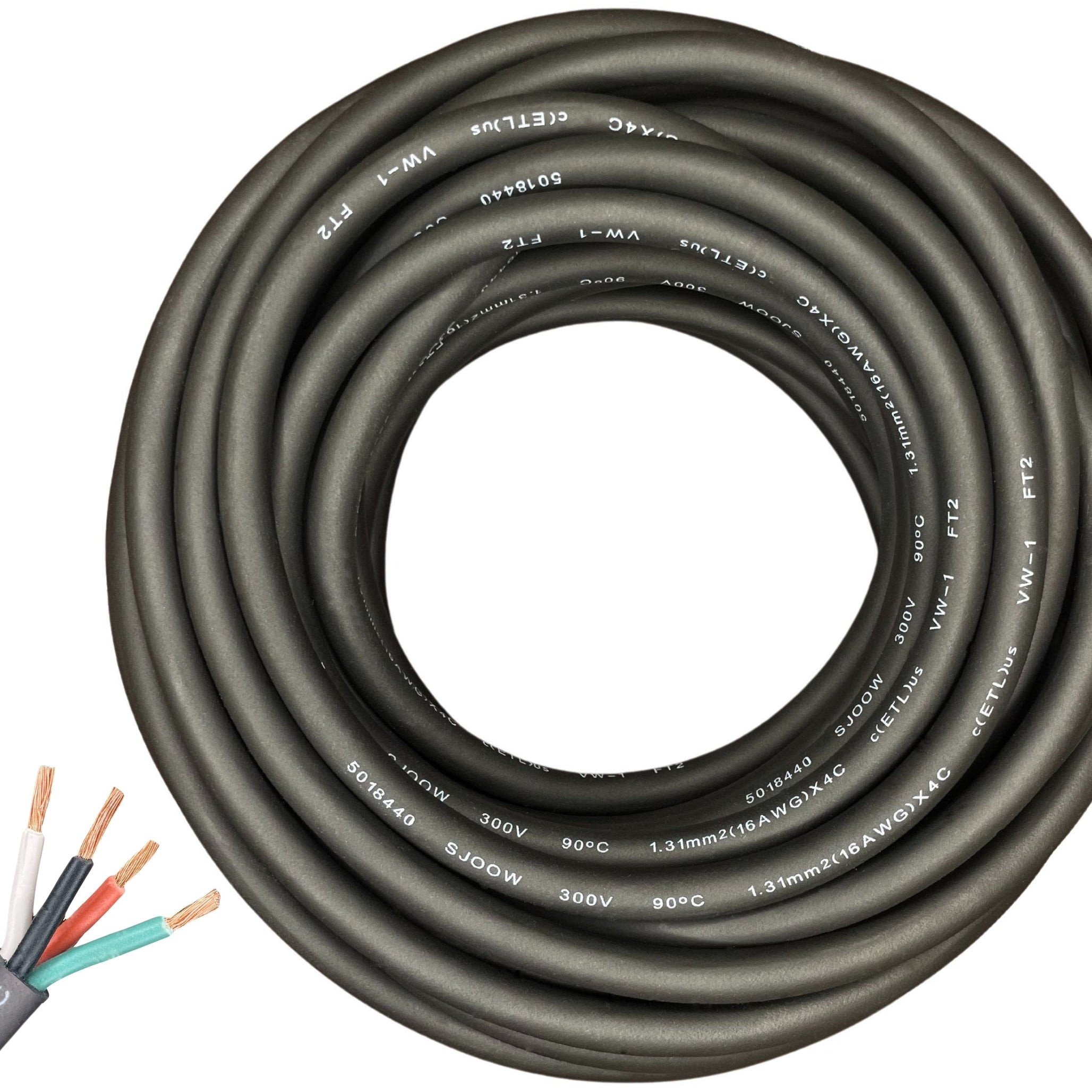 16/4 SJOOW Cable Cord Wire - 16 Gauge 16 AWG 4 Conductor 300V Portable Power Extension Cord Cable with Ultra Flexible Insulation Jacket