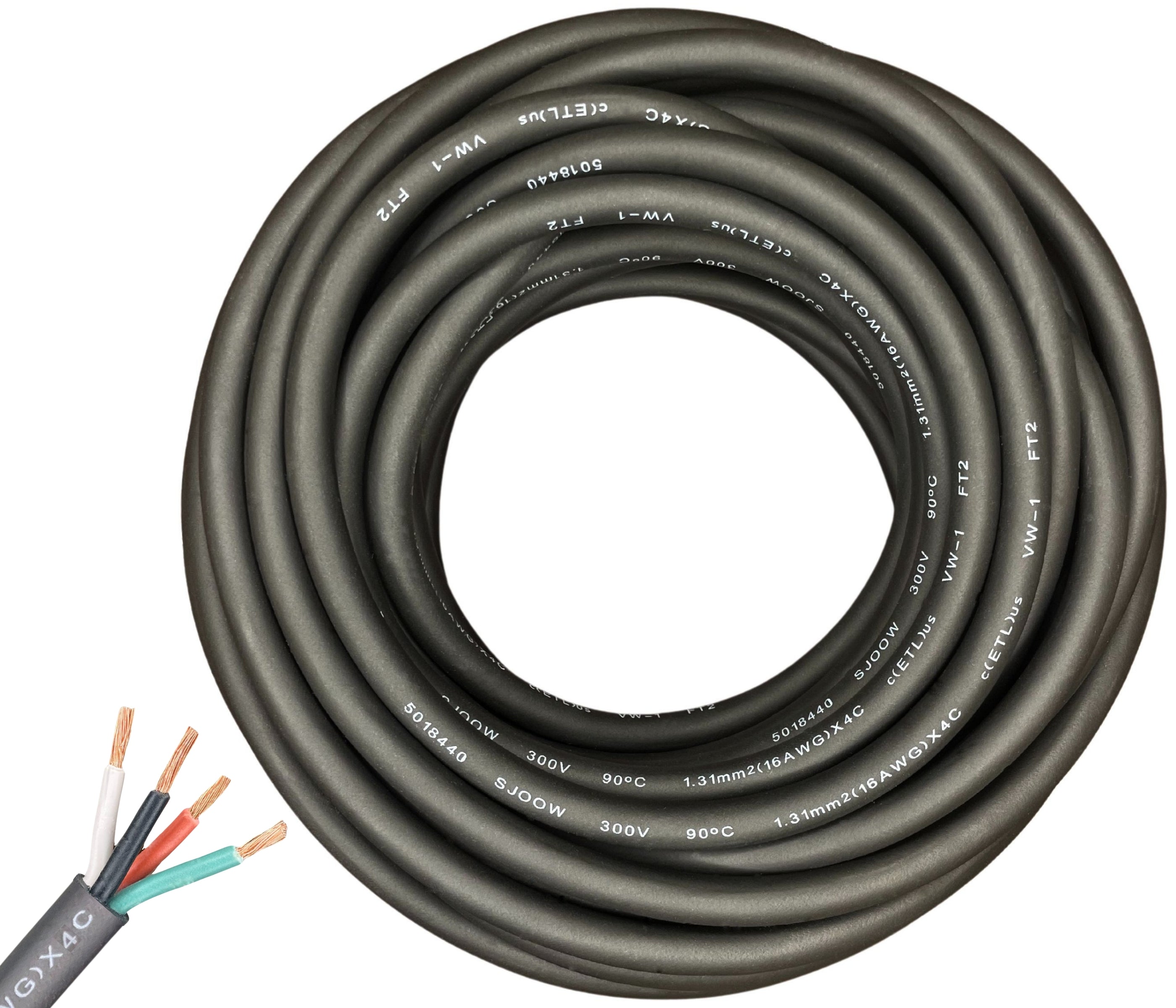 16/4 SJOOW Cable Cord Wire - 16 Gauge 16 AWG 4 Conductor 300V Portable Power Extension Cord Cable with Ultra Flexible Insulation Jacket
