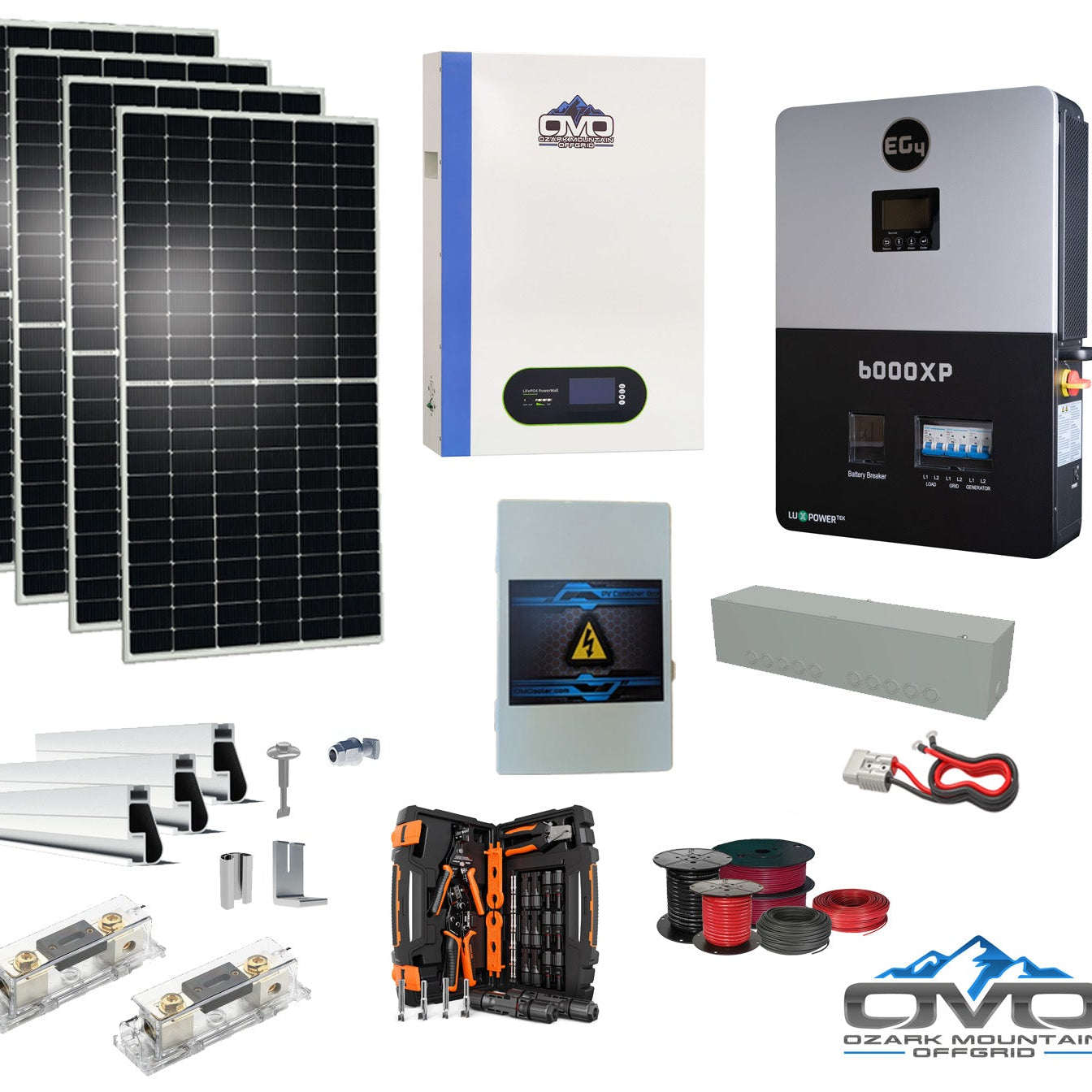 2.2KW Complete Offgrid Solar Kit + 6K EG4 6000XP Inverter + 5.12KW OMO 48V Patriot Lithium Battery + 2.2KW Solar with Roof Mounting Rails and Wiring