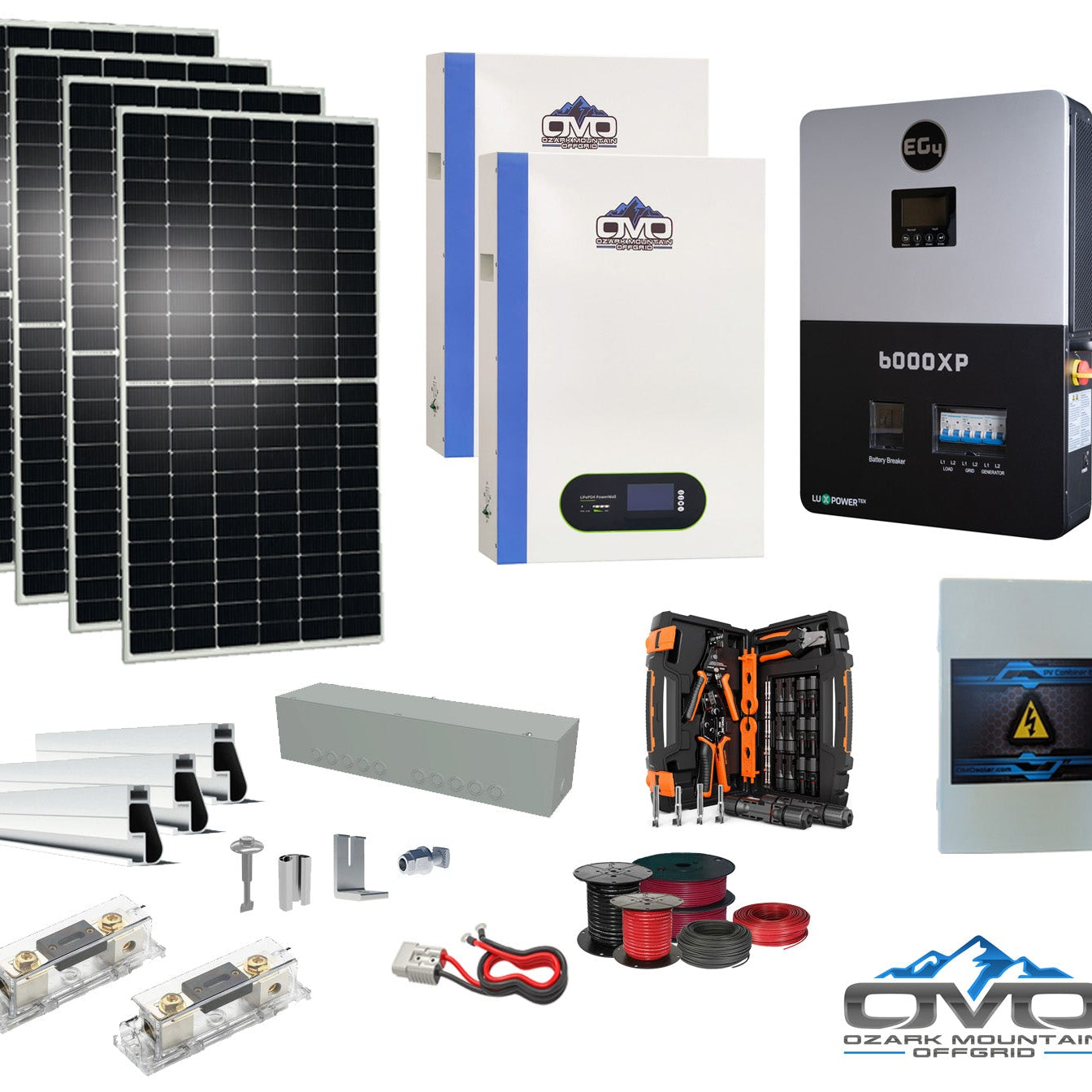 2.2KW Complete Offgrid Solar Kit + 6K EG4 6000XP Inverter + 2x 5.12KW OMO 48V Patriot Lithium Battery + 2.2KW Solar with Roof Mounting Rails and Wiring