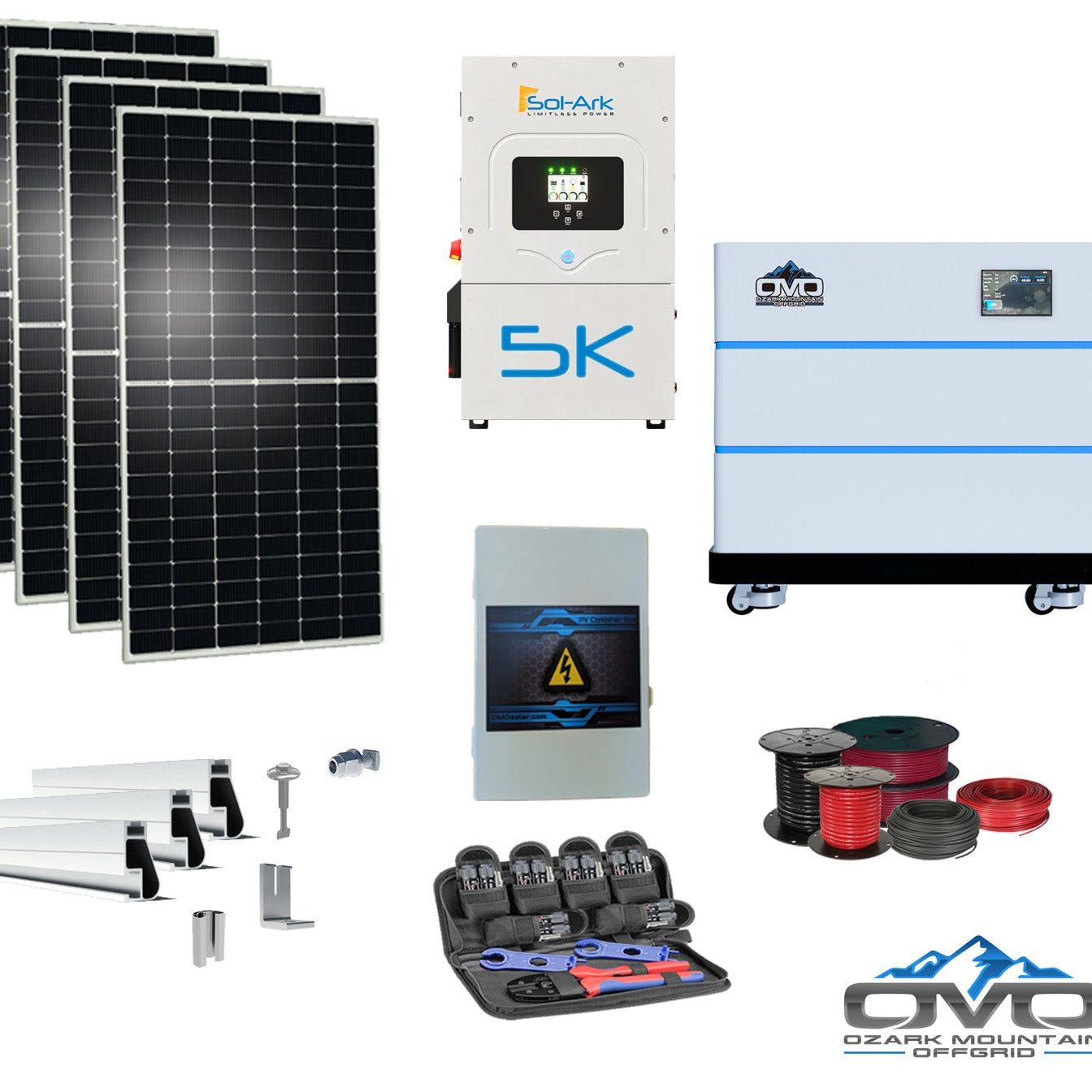 2.2KW Complete Offgrid Solar Kit + 5K Sol-Ark Inverter + 10.24KW OMO Stack Lithium Battery +2.2KW Solar with Mounting Rails and Wiring