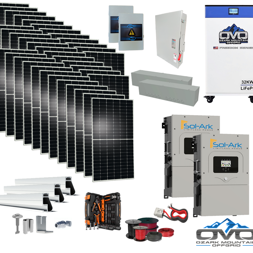20KW Complete Offgrid Solar Kit - 32kWh OMO 48V Freedom Series Lithium Battery + 2x 15K Sol-Ark Inverter +19.8KW Solar with Roof Mount and Wiring