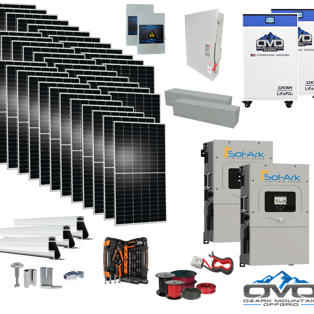 20KW Complete Offgrid Solar Kit - 2x 32kWh OMO 48V Freedom Series Lithium Battery + 2x 15K Sol-Ark Inverter +19.8KW Solar with Roof Mount and Wiring
