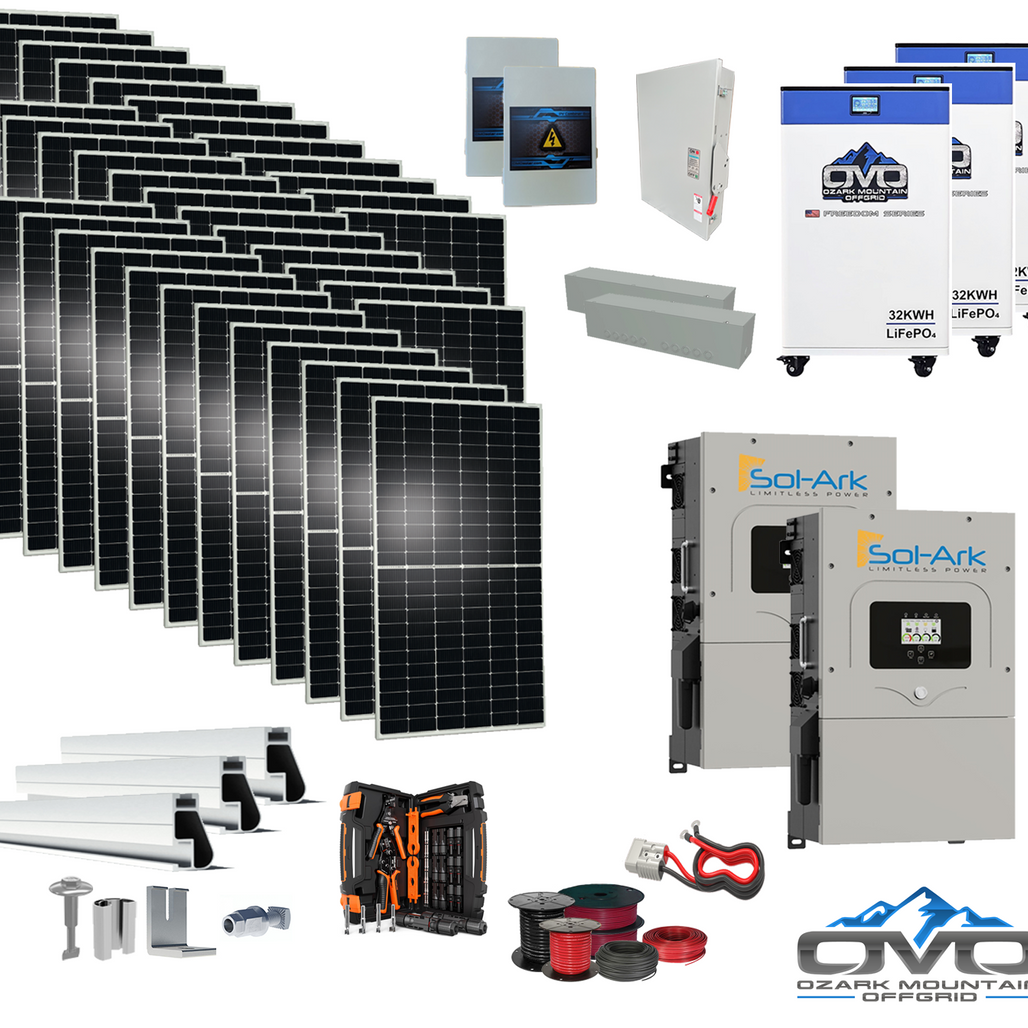 20KW Complete Offgrid Solar Kit - 3x 32kWh OMO 48V Freedom Series Lithium Battery + 2x 15K Sol-Ark Inverter +19.8KW Solar with Roof Mount and Wiring (Copy)