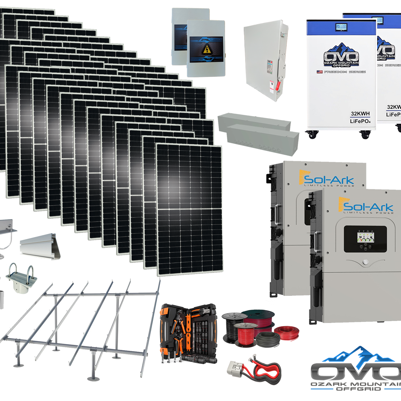 20KW Complete Offgrid Solar Kit - 2x 32kWh OMO 48V Freedom Series Lithium Battery + 2x 15K Sol-Ark Inverter +19.8KW Solar with Ground Mount and Wiring