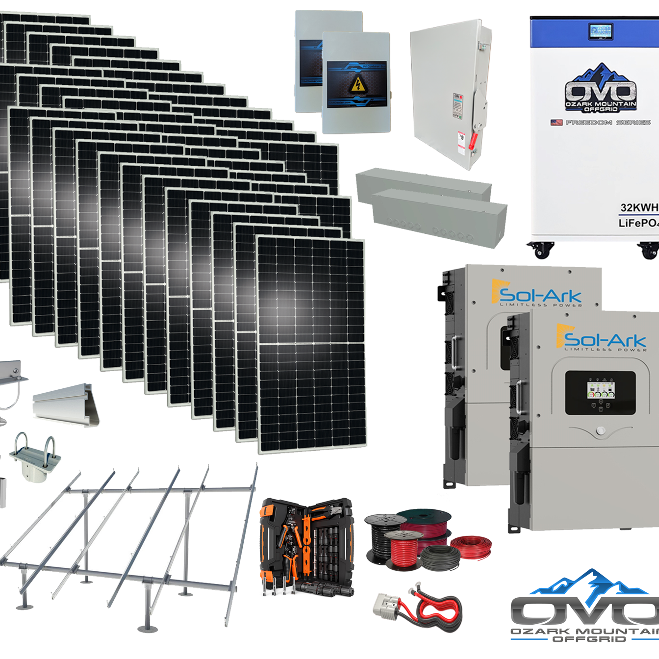 20KW Complete Offgrid Solar Kit - 32kWh OMO 48V Freedom Series Lithium Battery + 2x 15K Sol-Ark Inverter +19.8KW Solar with Ground Mount and Wiring