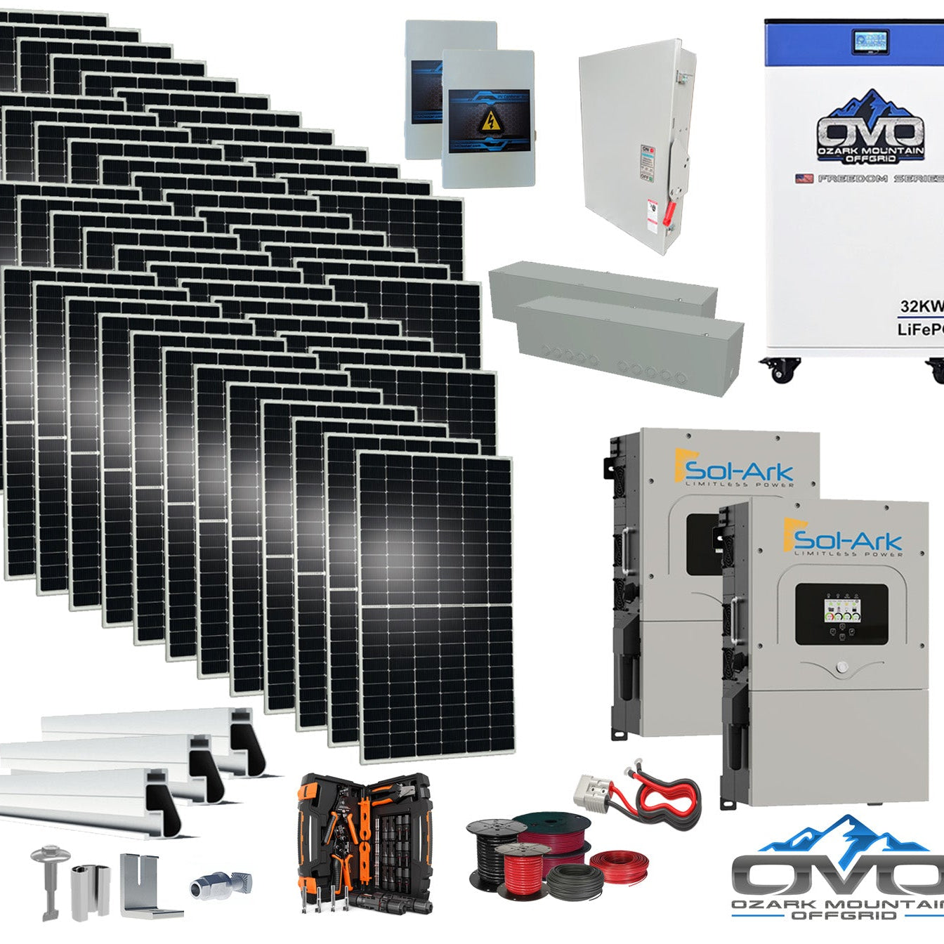 25KW Complete Offgrid Solar Kit - 32kWh OMO 48V Freedom Series Lithium Battery + 2x 15K Sol-Ark Inverter +26.4KW Solar with Mounting Rails and Wiring