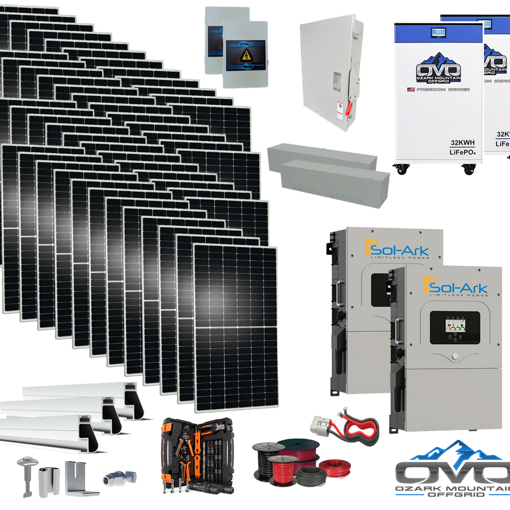 25KW Complete Offgrid Solar Kit - 2x32kWh OMO 48V Freedom Series Lithium Battery + 2x 15K Sol-Ark Inverter +26.4KW Solar with Mounting Rails and Wiring