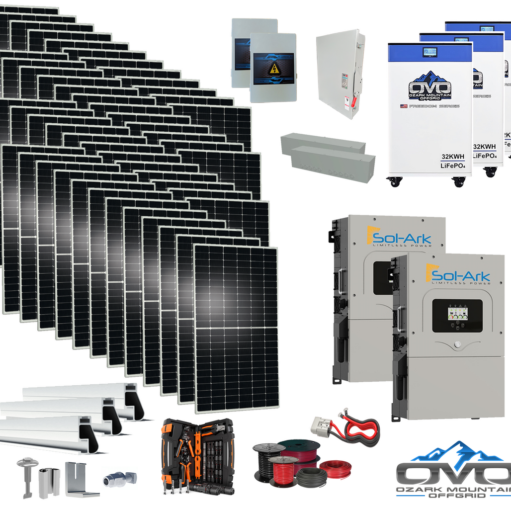 25KW Complete Offgrid Solar Kit - 3x32kWh OMO 48V Freedom Series Lithium Battery + 2x 15K Sol-Ark Inverter +26.4KW Solar with Mounting Rails and Wiring