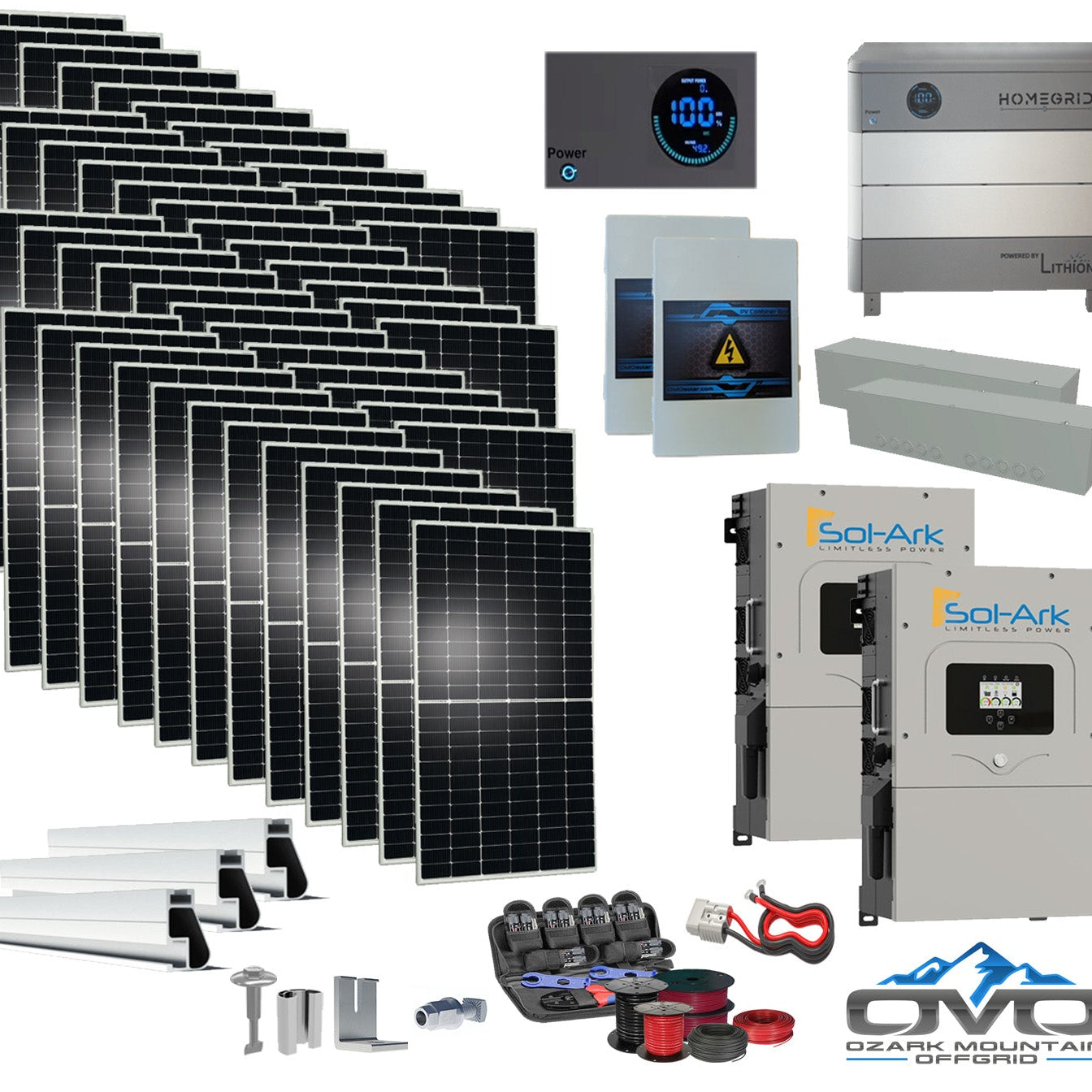 25KW Complete Offgrid Solar Kit - Homegrid 9.6kWh Lithium Battery + 2x15K Sol-Ark Inverter +26.4KW Solar with Mounting Rails and Wiring