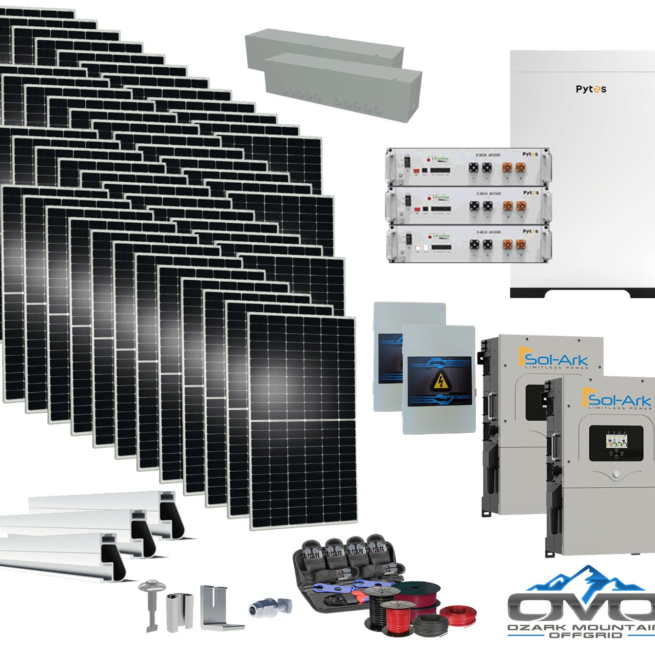 25KW Complete Offgrid Solar Kit - 15.36kWh Pytes Lithium Battery + 2x15K Sol-Ark Inverter +26.4KW Solar with Mounting Rails and Wiring