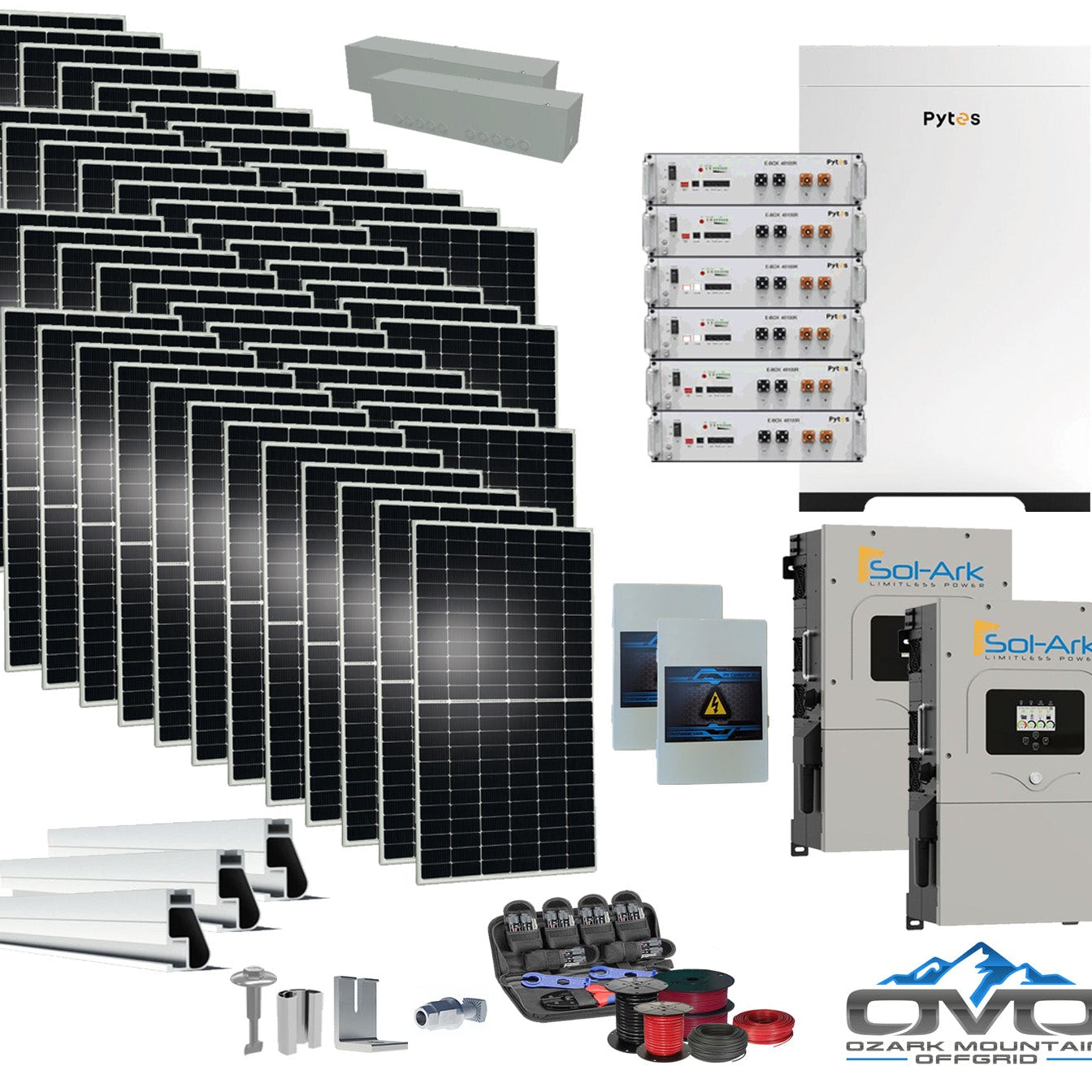 25KW Complete Offgrid Solar Kit - 30.72kWh Pytes Lithium Battery + 2x15K Sol-Ark Inverter +26.4KW Solar with Mounting Rails and Wiring