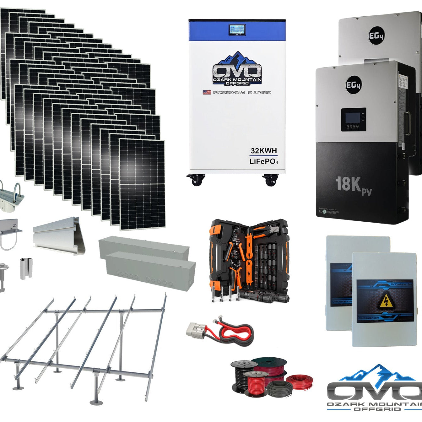 25KW Complete Offgrid Solar Kit + EG4 18kPV + 32KW OMO 48V Freedom Series Lithium Battery + 26.4KW Solar with Ground Mount and Wiring