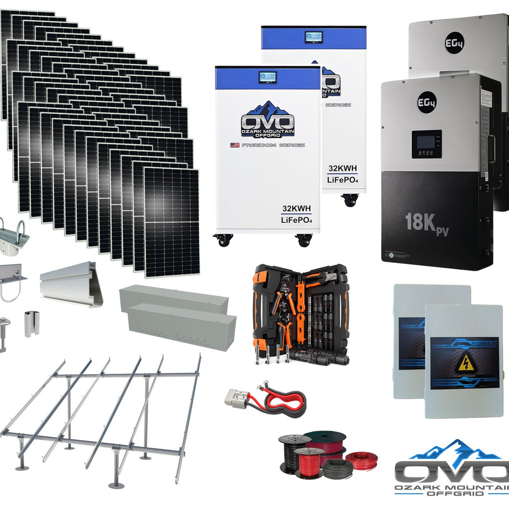 25KW Complete Offgrid Solar Kit + EG4 18kPV + 2x 32KW OMO 48V Freedom Series Lithium Battery + 26.4KW Solar with Ground Mount and Wiring
