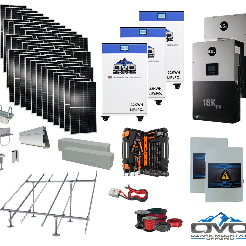 25KW Complete Offgrid Solar Kit + EG4 18kPV + 3x 32KW OMO 48V Freedom Series Lithium Battery + 26.4KW Solar with Ground Mount and Wiring