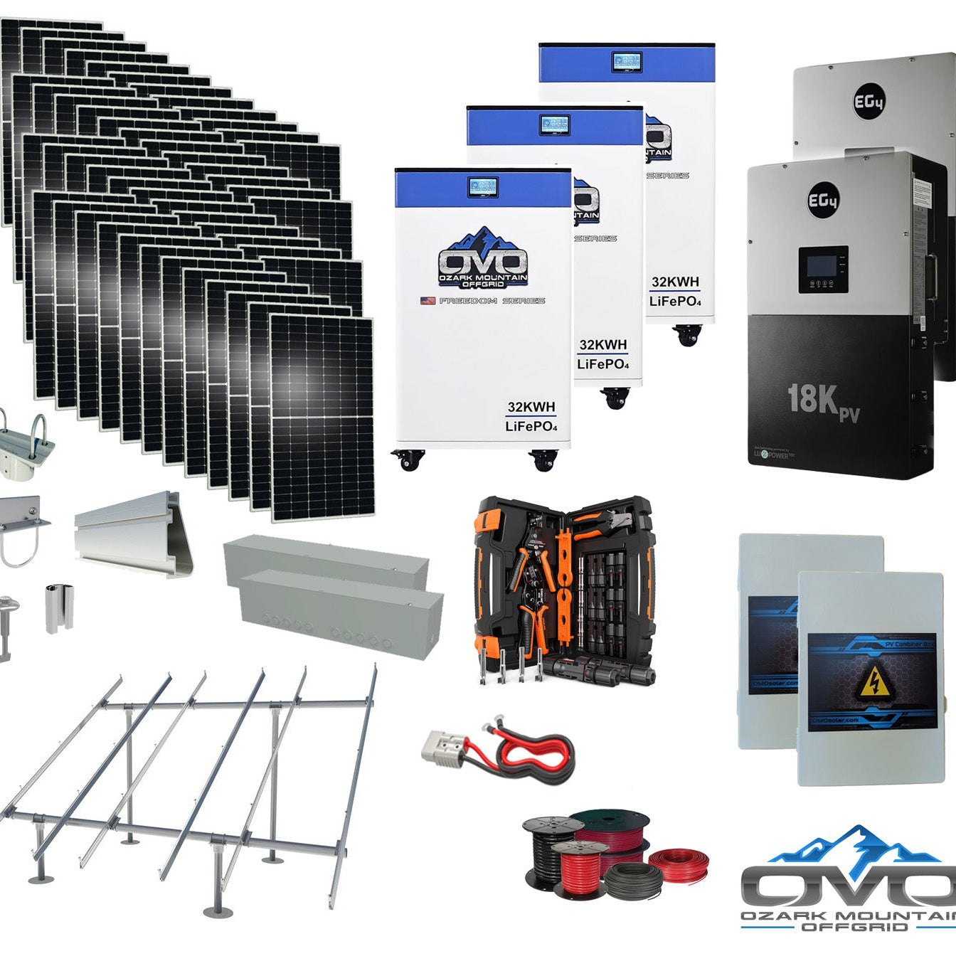 25KW Complete Offgrid Solar Kit + EG4 18kPV + 3x 32KW OMO 48V Freedom Series Lithium Battery + 26.4KW Solar with Ground Mount and Wiring