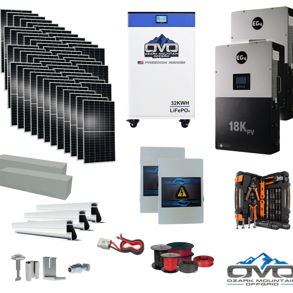 25KW Complete Offgrid Solar Kit + EG4 18kPV + 32KW OMO 48V Freedom Series Lithium Battery + 26.4KW Solar with Roof Mounting Rails and Wiring