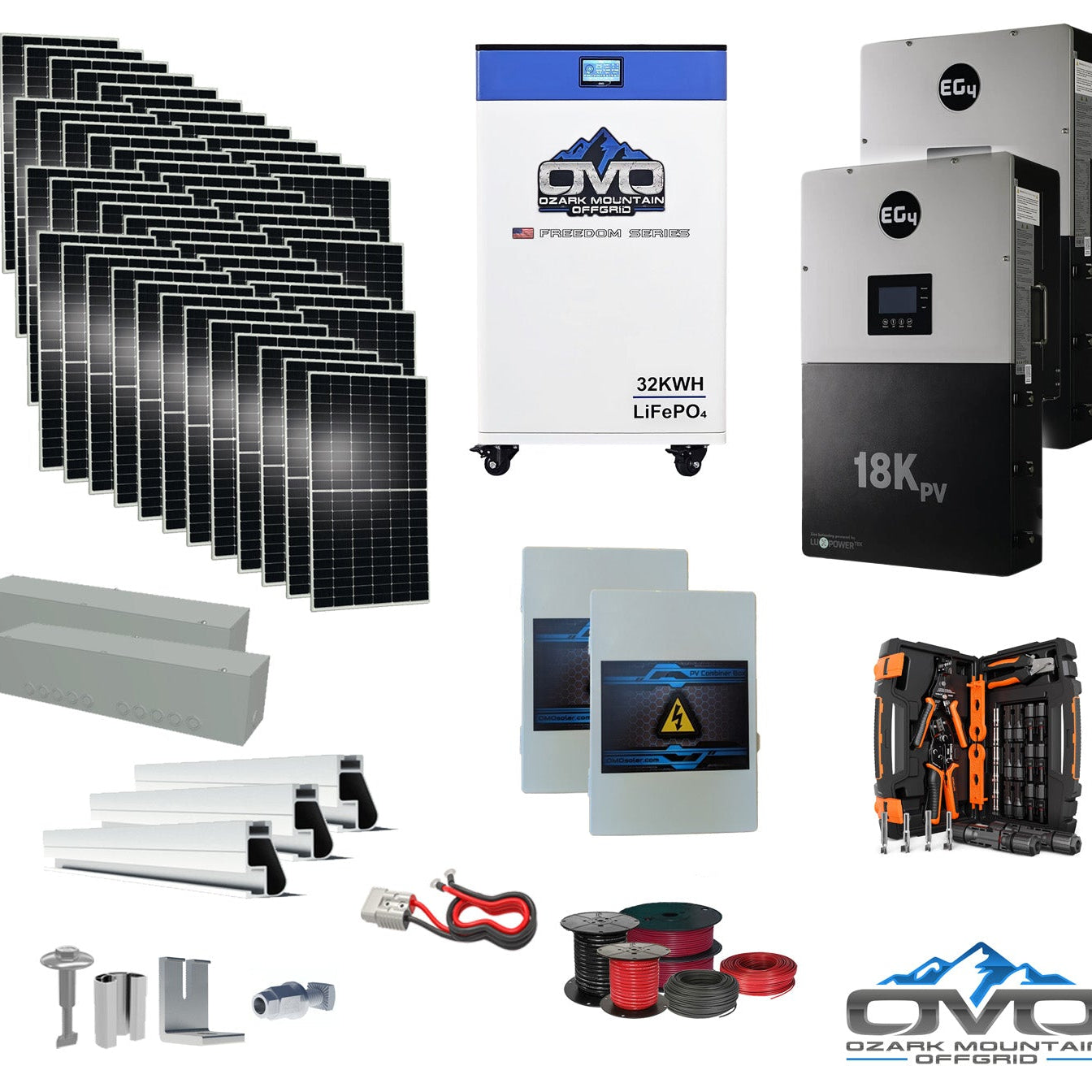25KW Complete Offgrid Solar Kit + EG4 18kPV + 32KW OMO 48V Freedom Series Lithium Battery + 26.4KW Solar with Roof Mounting Rails and Wiring