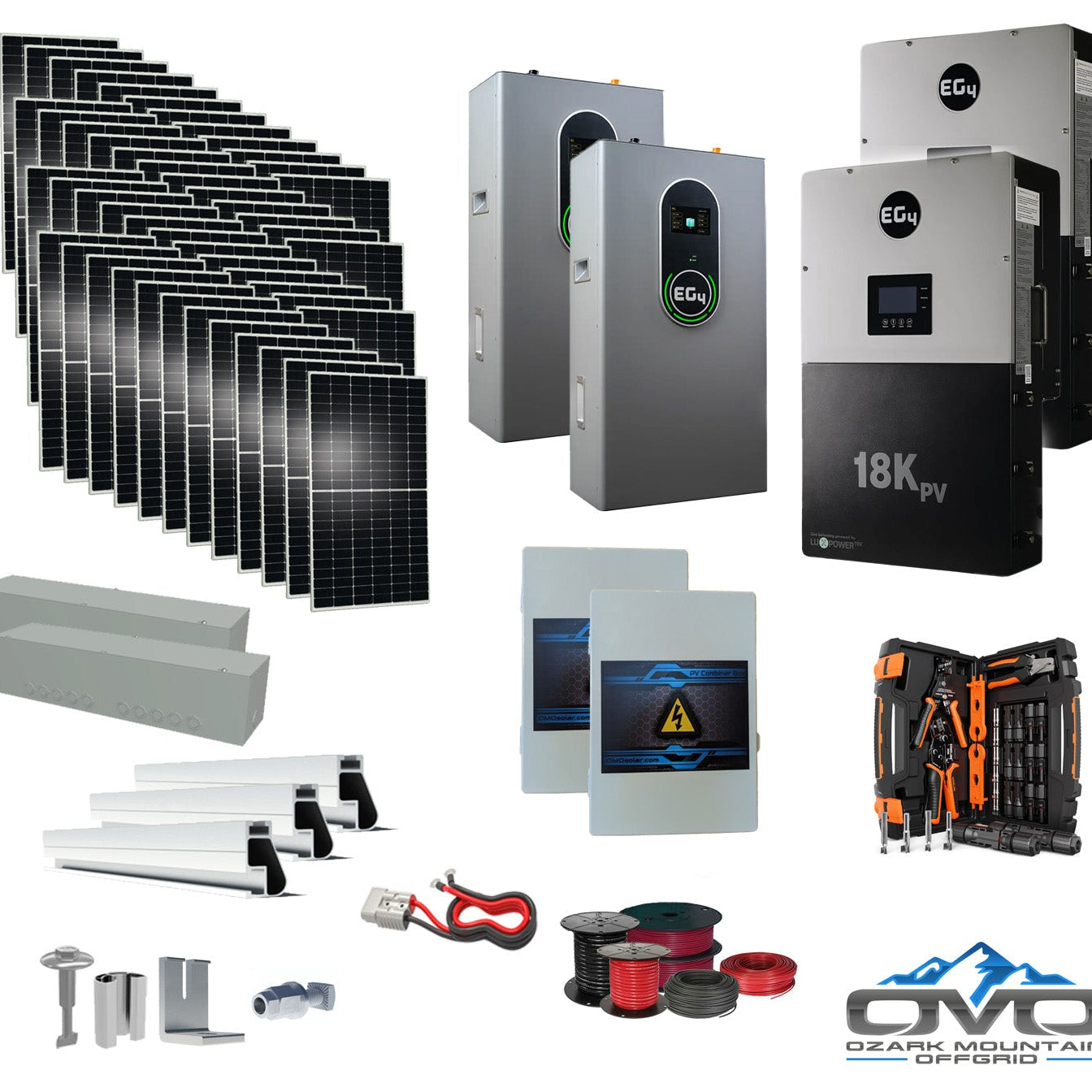 25KW Complete Offgrid Solar Kit + EG4 18kPV + 2x 14.3KW 48V EG4 Lithium Indoor Wall Battery + 26.4KW Solar with Roof Mounting Rails and Wiring
