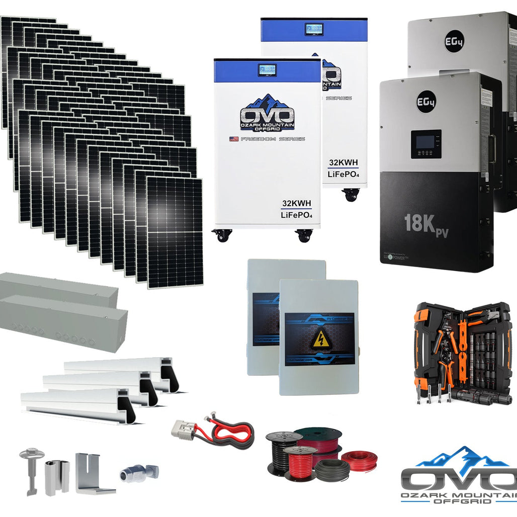 25KW Complete Offgrid Solar Kit + EG4 18kPV + 2x 32KW OMO 48V Freedom Series Lithium Battery + 26.4KW Solar with Roof Mounting Rails and Wiring