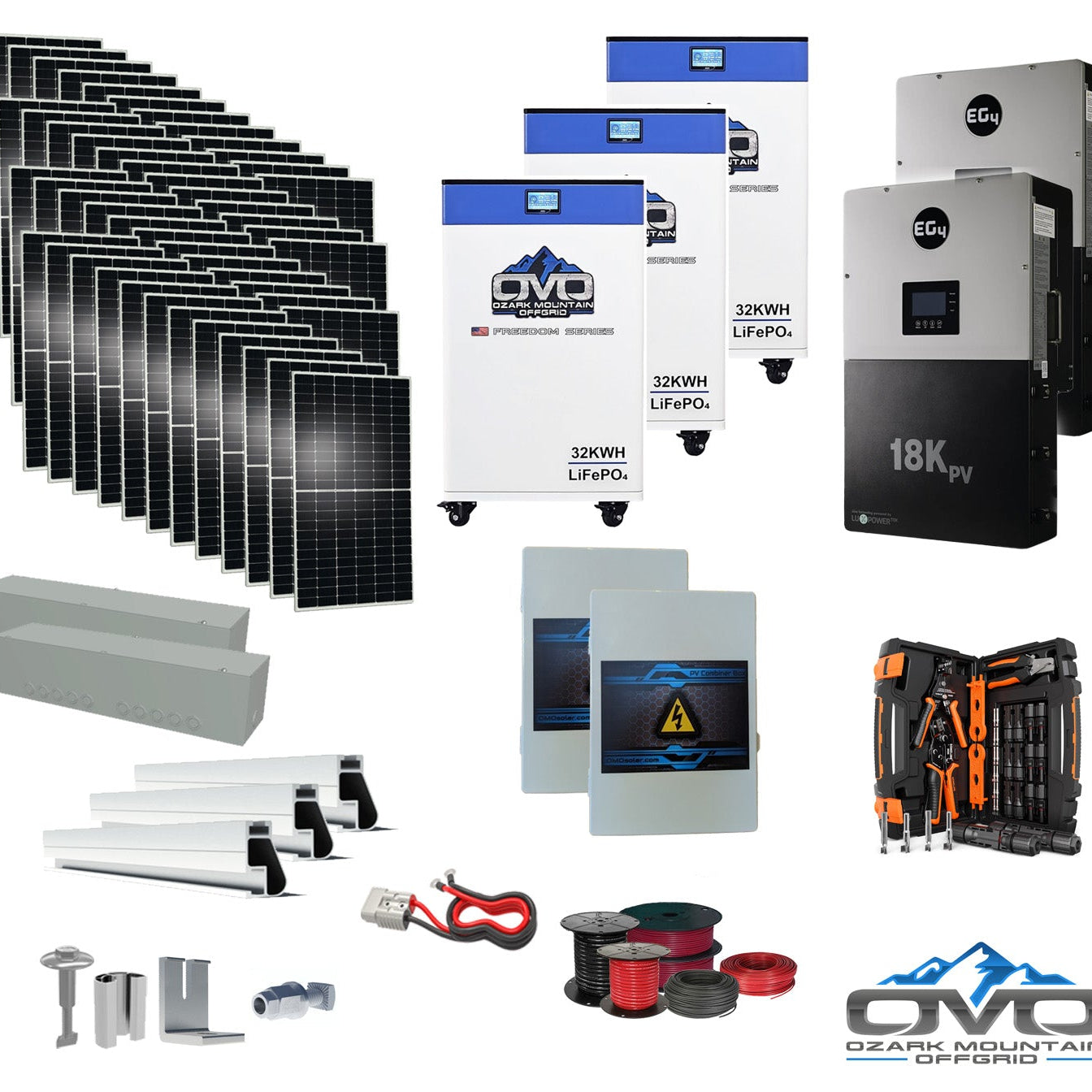 25KW Complete Offgrid Solar Kit + EG4 18kPV + 3x 32KW OMO 48V Freedom Series Lithium Battery + 26.4KW Solar with Roof Mounting Rails and Wiring