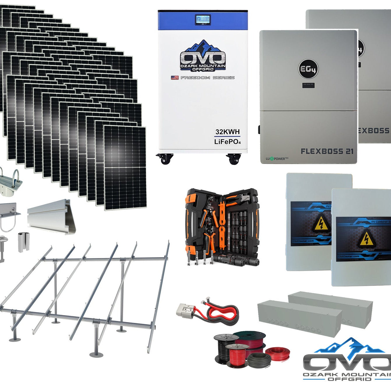 25KW Complete Offgrid Solar Kit + EG4 FlexBOSS21 + 32KW OMO 48V Freedom Series Lithium Battery + 26.4KW Solar with Ground Mount and Wiring