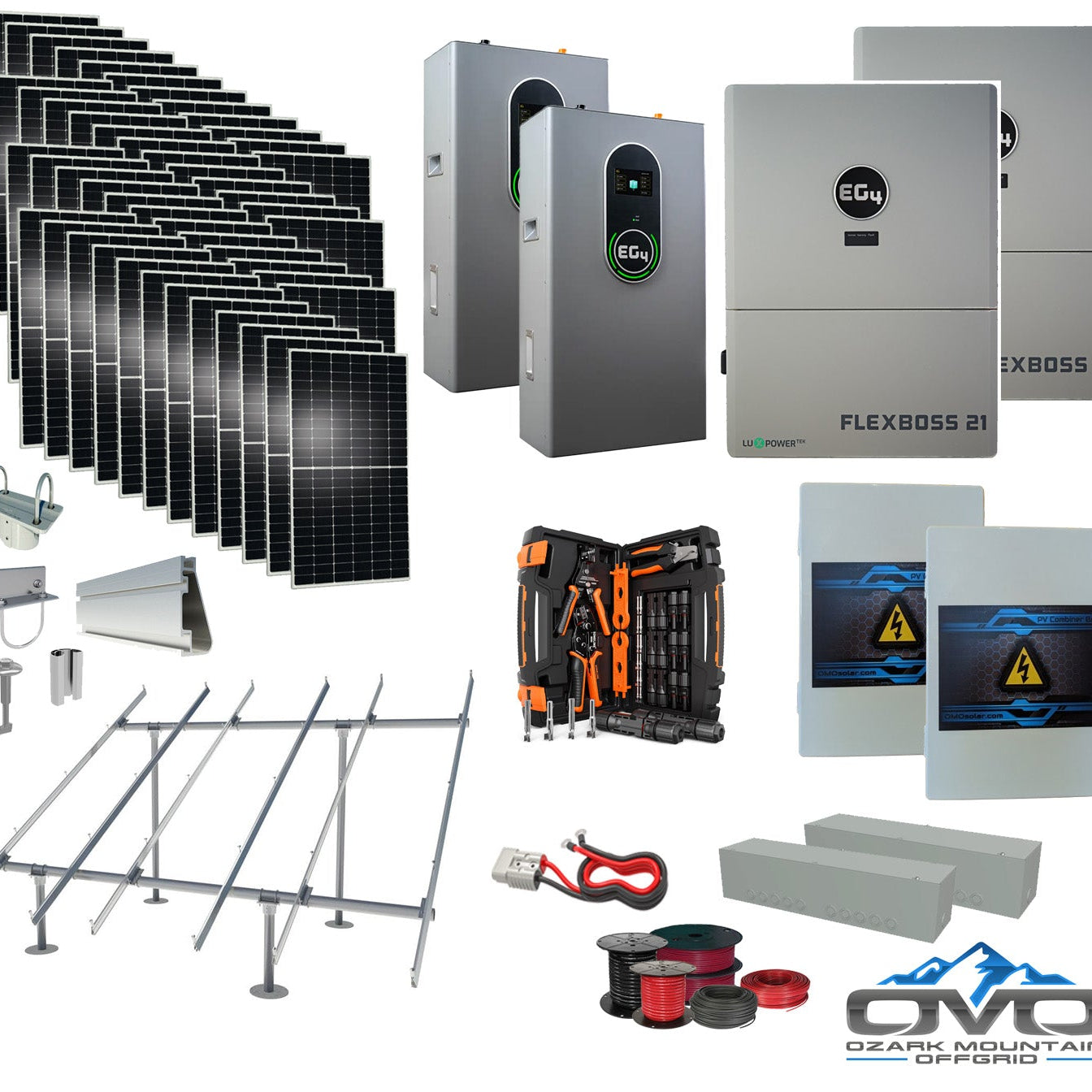 25KW Complete Offgrid Solar Kit + EG4 FlexBOSS21 +  2x 14.3KW 48V EG4 Lithium Indoor Wall Battery + 26.4KW Solar with Ground Mount and Wiring