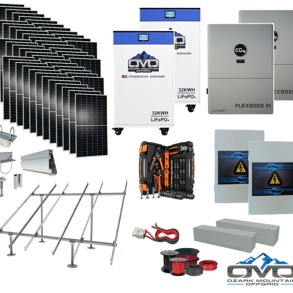 25KW Complete Offgrid Solar Kit + EG4 FlexBOSS21 + 2x 32KW OMO 48V Freedom Series Lithium Battery + 26.4KW Solar with Ground Mount and Wiring