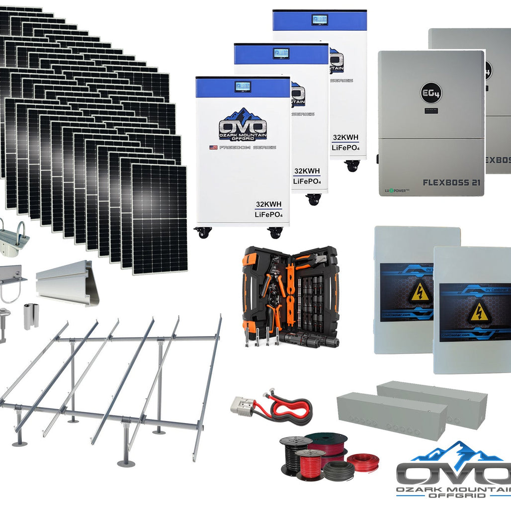 25KW Complete Offgrid Solar Kit + EG4 FlexBOSS21 + 3x 32KW OMO 48V Freedom Series Lithium Battery + 26.4KW Solar with Ground Mount and Wiring