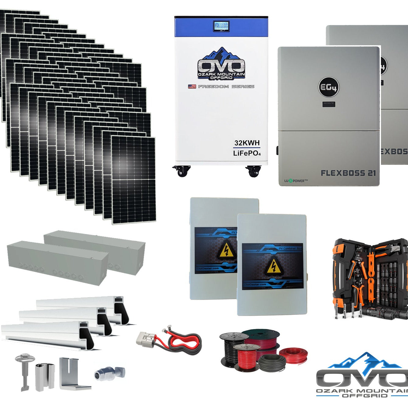 25KW Complete Offgrid Solar Kit + EG4 FlexBOSS21 + 32KW OMO 48V Freedom Series Lithium Battery + 26.4KW Solar with Roof Mounting Rails and Wiring
