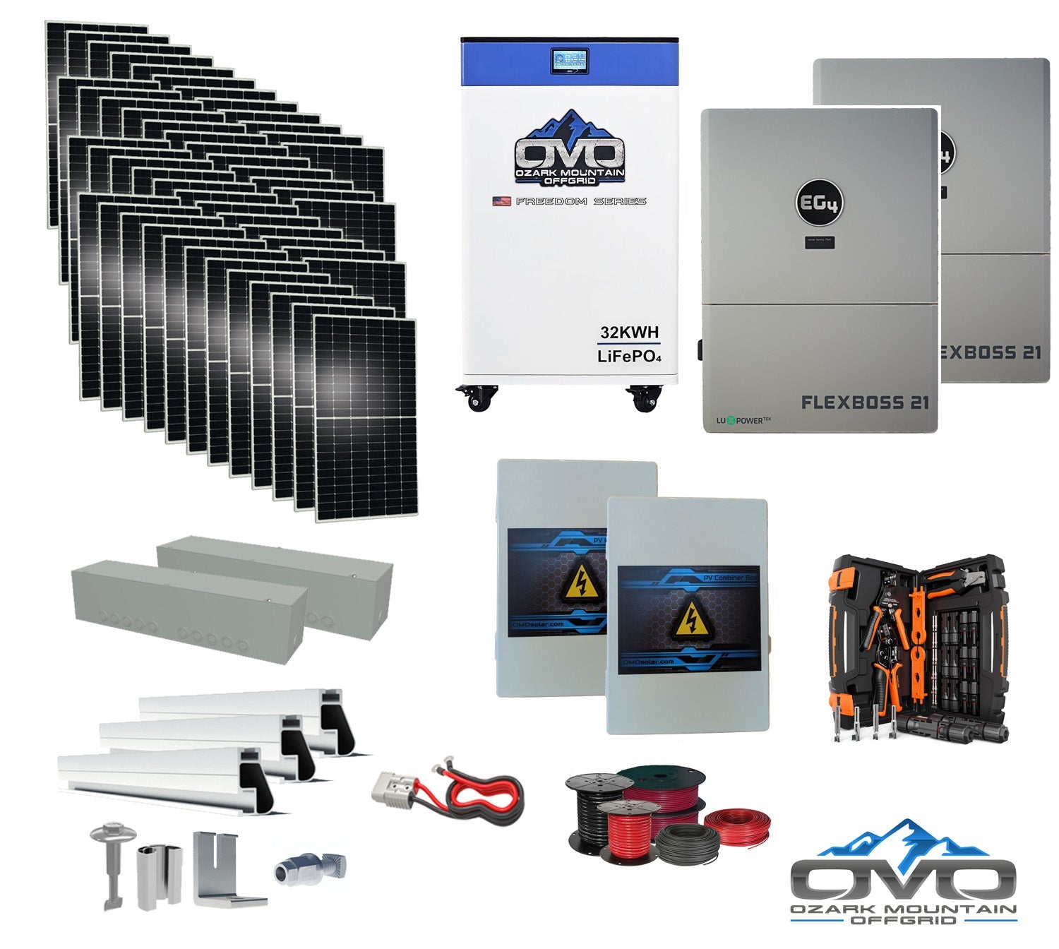 25KW Complete Offgrid Solar Kit + EG4 FlexBOSS21 + 32KW OMO 48V Freedom Series Lithium Battery + 26.4KW Solar with Roof Mounting Rails and Wiring