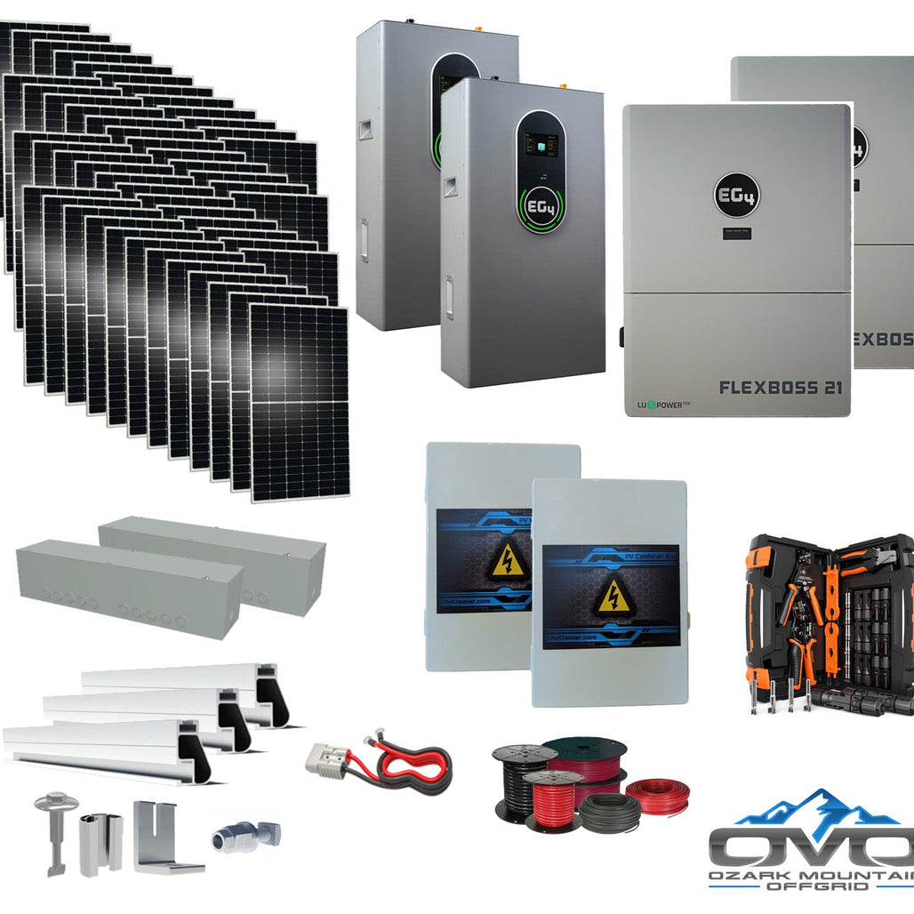 25KW Complete Offgrid Solar Kit + EG4 FlexBOSS21 + 2x 14.3KW 48V EG4 Lithium Indoor Wall Battery + 26.4KW Solar with Roof Mounting Rails and Wiring