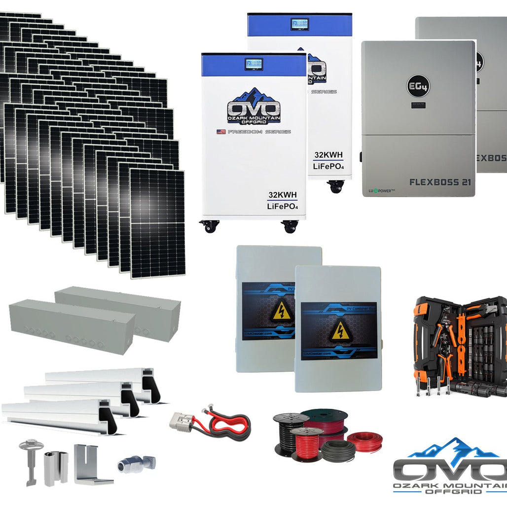 25KW Complete Offgrid Solar Kit + EG4 FlexBOSS21 + 2x 32KW OMO 48V Freedom Series Lithium Battery + 26.4KW Solar with Roof Mounting Rails and Wiring