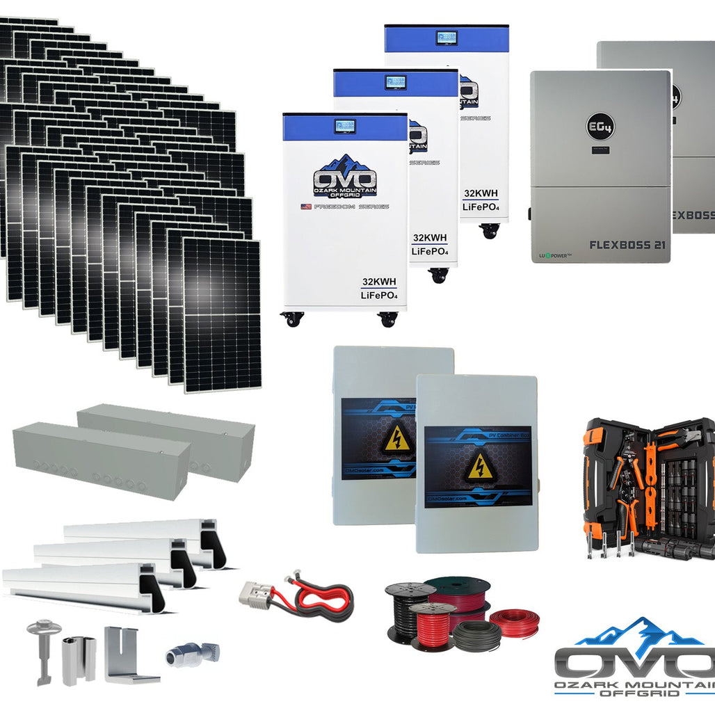 25KW Complete Offgrid Solar Kit + EG4 FlexBOSS21 + 3x 32KW OMO 48V Freedom Series Lithium Battery + 26.4KW Solar with Roof Mounting Rails and Wiring