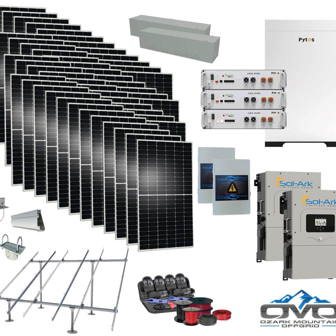 25KW Complete Offgrid Solar Kit - 15.36kWh Pytes Lithium Battery + 2x15K Sol-Ark Inverter +26.4KW Solar with Ground Mount and Wiring
