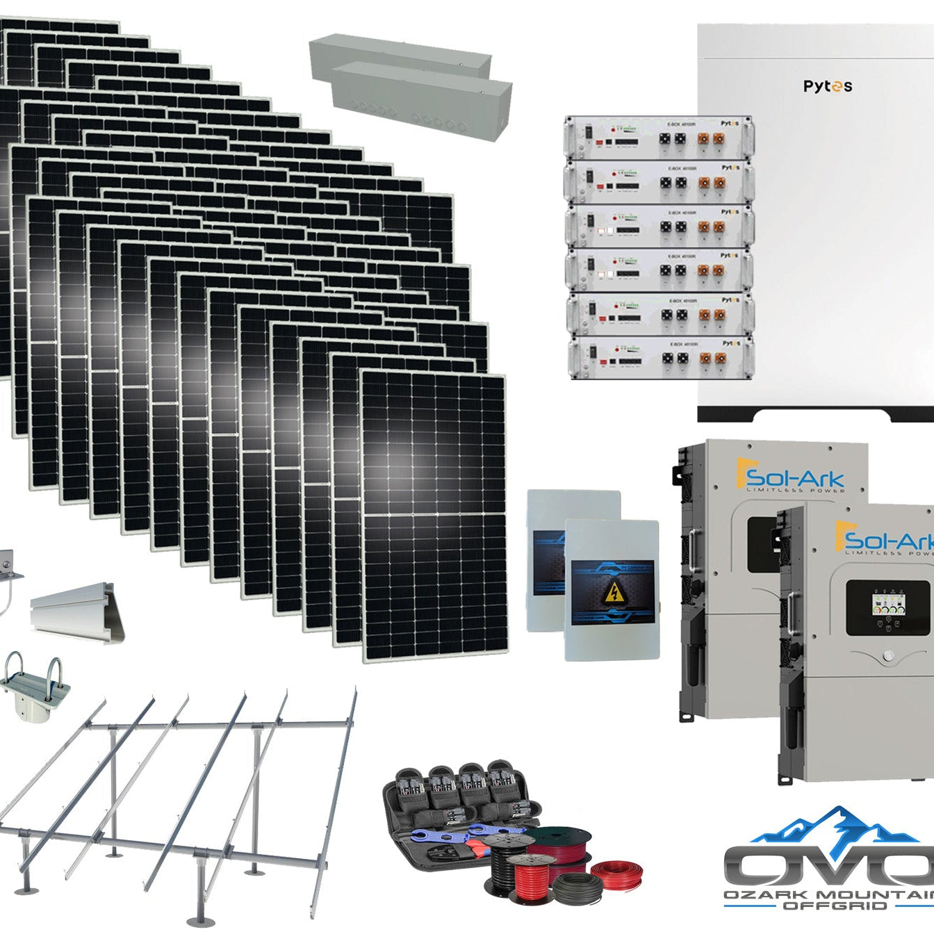 25KW Complete Offgrid Solar Kit - 30.72kWh Pytes Lithium Battery+ 2x15K Sol-Ark Inverter +26.4KW Solar with Ground Mount and Wiring