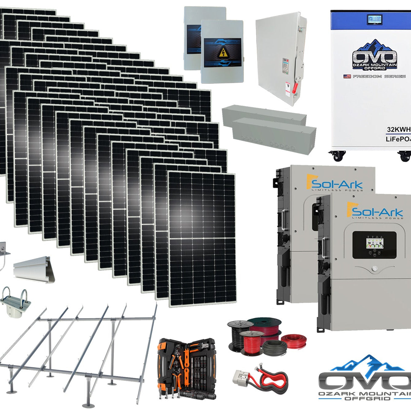 25KW Complete Offgrid Solar Kit - 32kWh OMO 48V Freedom Series Lithium Battery + 2x 15K Sol-Ark Inverter +26.4KW Solar with Ground Mount and Wiring