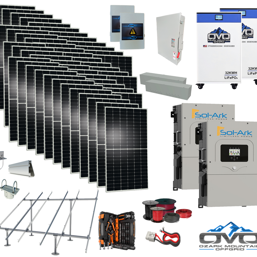 25KW Complete Offgrid Solar Kit - 2x 32kWh OMO 48V Freedom Series Lithium Battery + 2x 15K Sol-Ark Inverter +26.4KW Solar with Ground Mount and Wiring