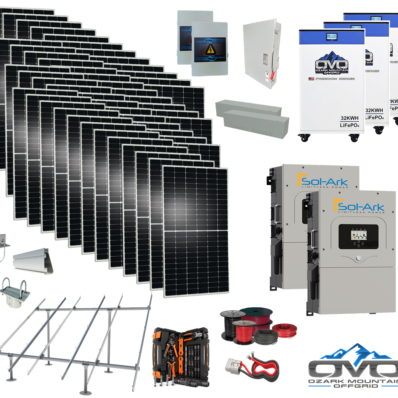 25KW Complete Offgrid Solar Kit - 3x 32kWh OMO 48V Freedom Series Lithium Battery + 2x 15K Sol-Ark Inverter +26.4KW Solar with Ground Mount and Wiring