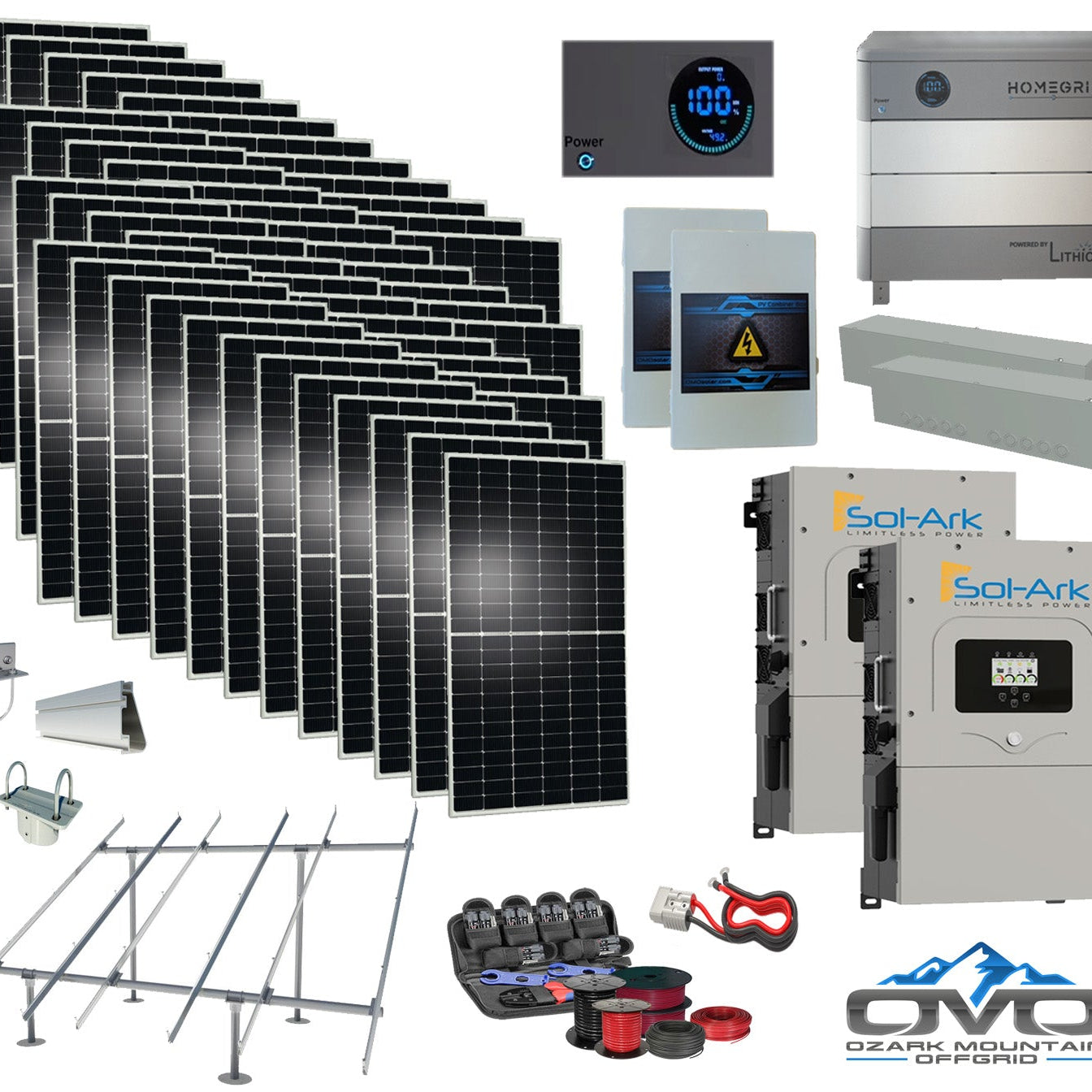 25KW Complete Offgrid Solar Kit - 9.6kWh Lithium Battery + 2x15K Sol-Ark Inverter +26.4KW Solar with Ground Mount and Wiring