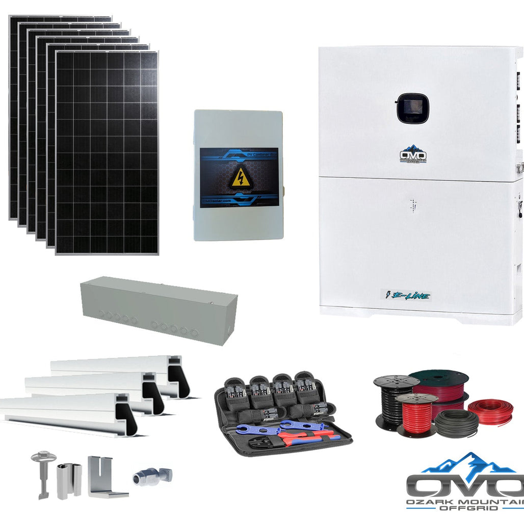 2.28KW Complete Offgrid Solar Kit + 10K 120V/240V OMO E-Line Inverter + 10.24KW OMO E-Line Lithium Battery +2.28KW Solar with Roof Mounting Rails and Wiring