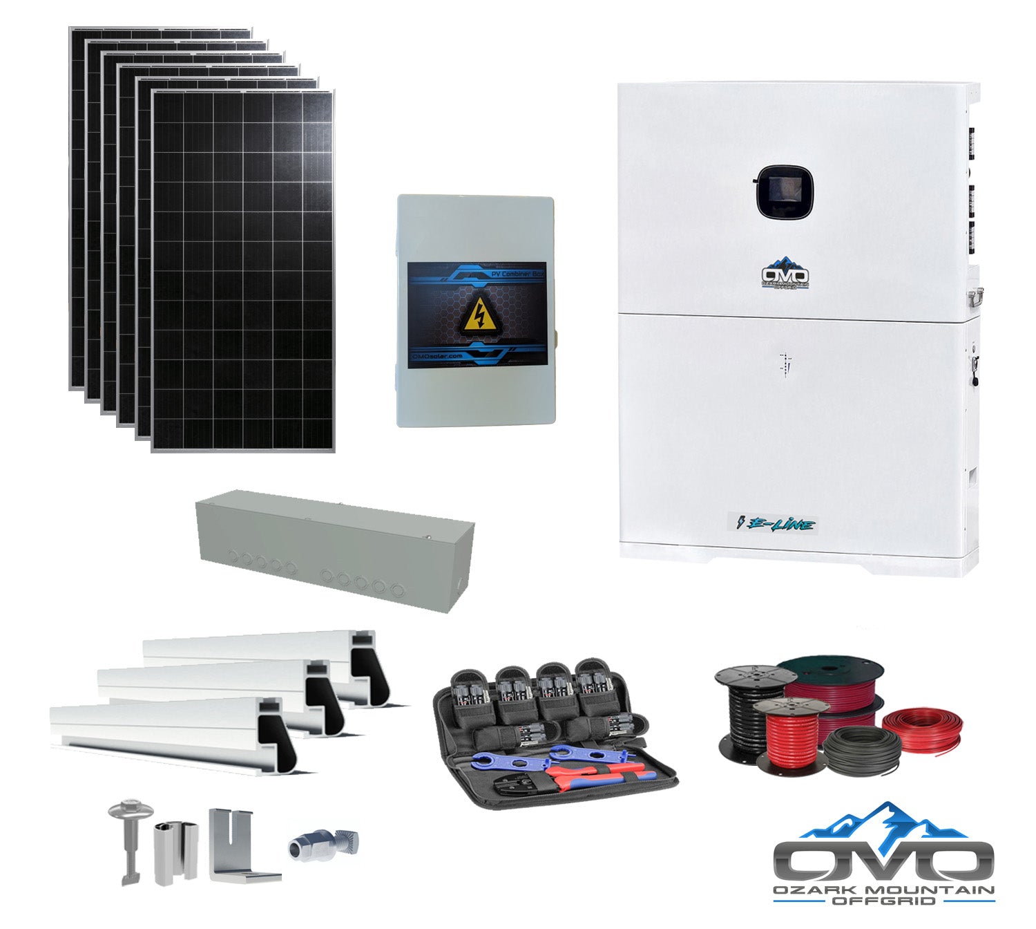 2.28KW Complete Offgrid Solar Kit + 10K 120V/240V OMO E-Line Inverter + 10.24KW OMO E-Line Lithium Battery +2.28KW Solar with Roof Mounting Rails and Wiring