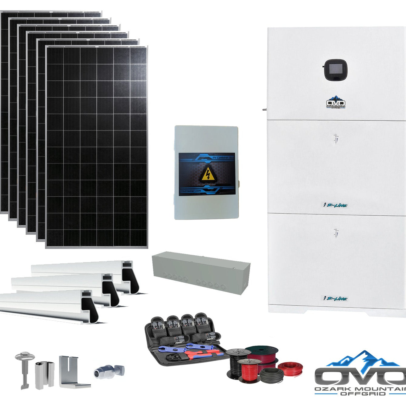 2.28KW Complete Offgrid Solar Kit + 10K 120V/240V OMO E-Line Inverter + 2x 10.24KW OMO E-Line Lithium Battery +2.28KW Solar with Roof Mounting Rails and Wiring