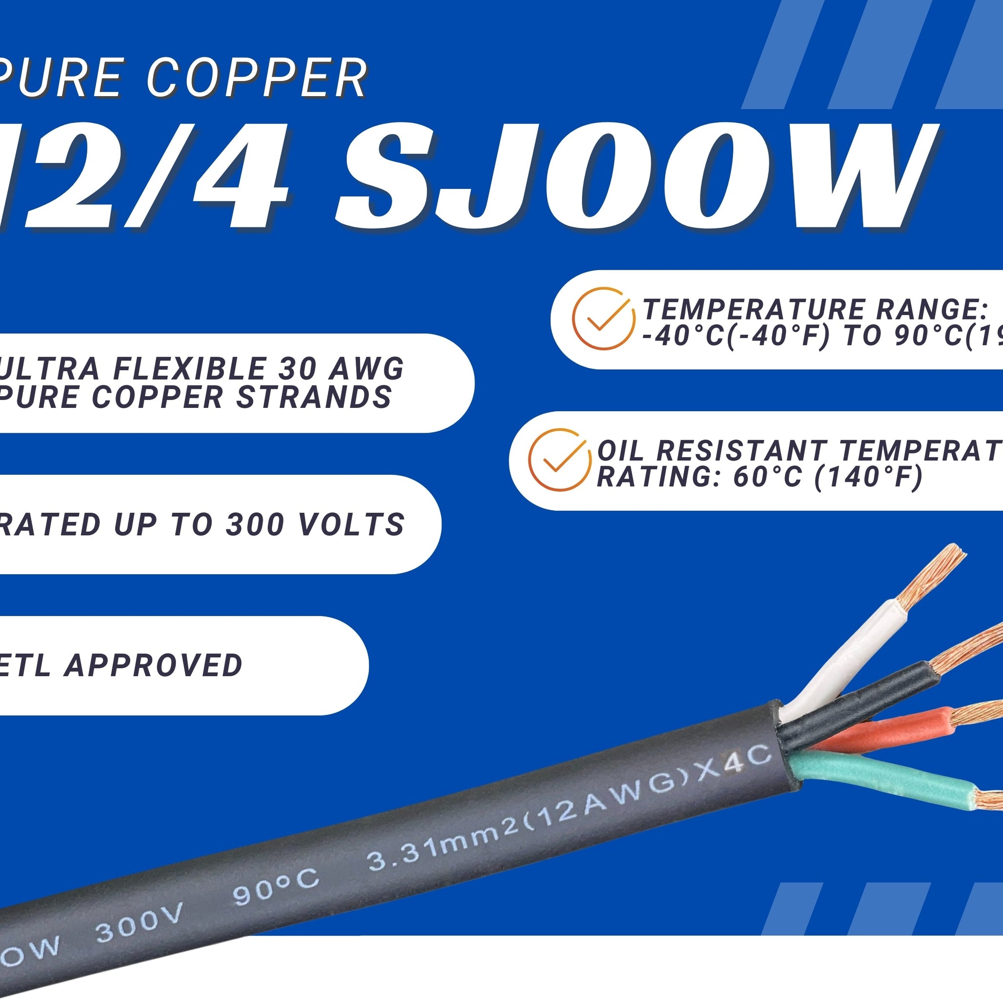 12/4 SJOOW Cable Cord Wire - 12 Gauge 12 AWG 4 Conductor 300V Portable Power Extension Cord Cable with Ultra Flexible Insulation Jacket
