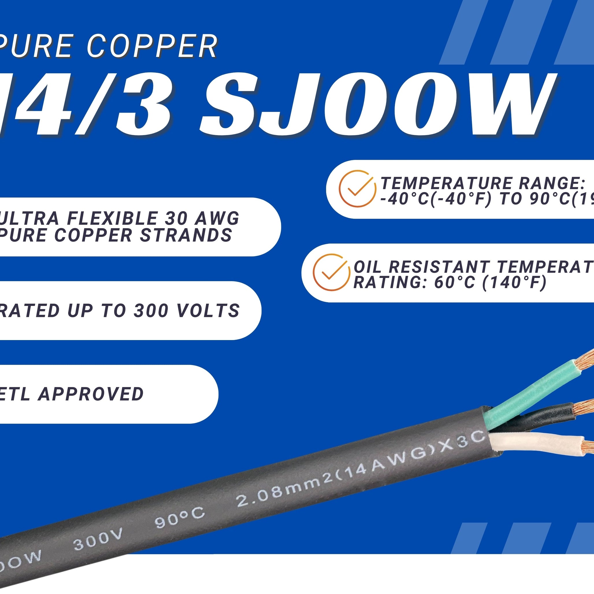 14/3 SJOOW Cable Cord Wire - 14 Gauge 14 AWG 3 Conductor 300V Portable Power Extension Cord Cable with Ultra Flexible Insulation Jacket
